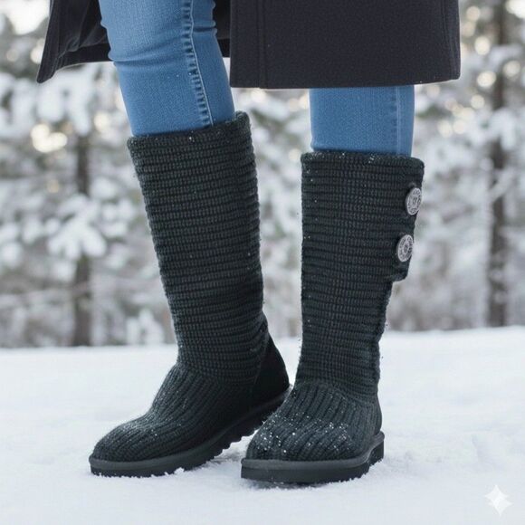 UGG Shoes - UGG Boots Cardy Sweater Knit Tall Womens Size 6 Black 2-Button Foldover Y2K